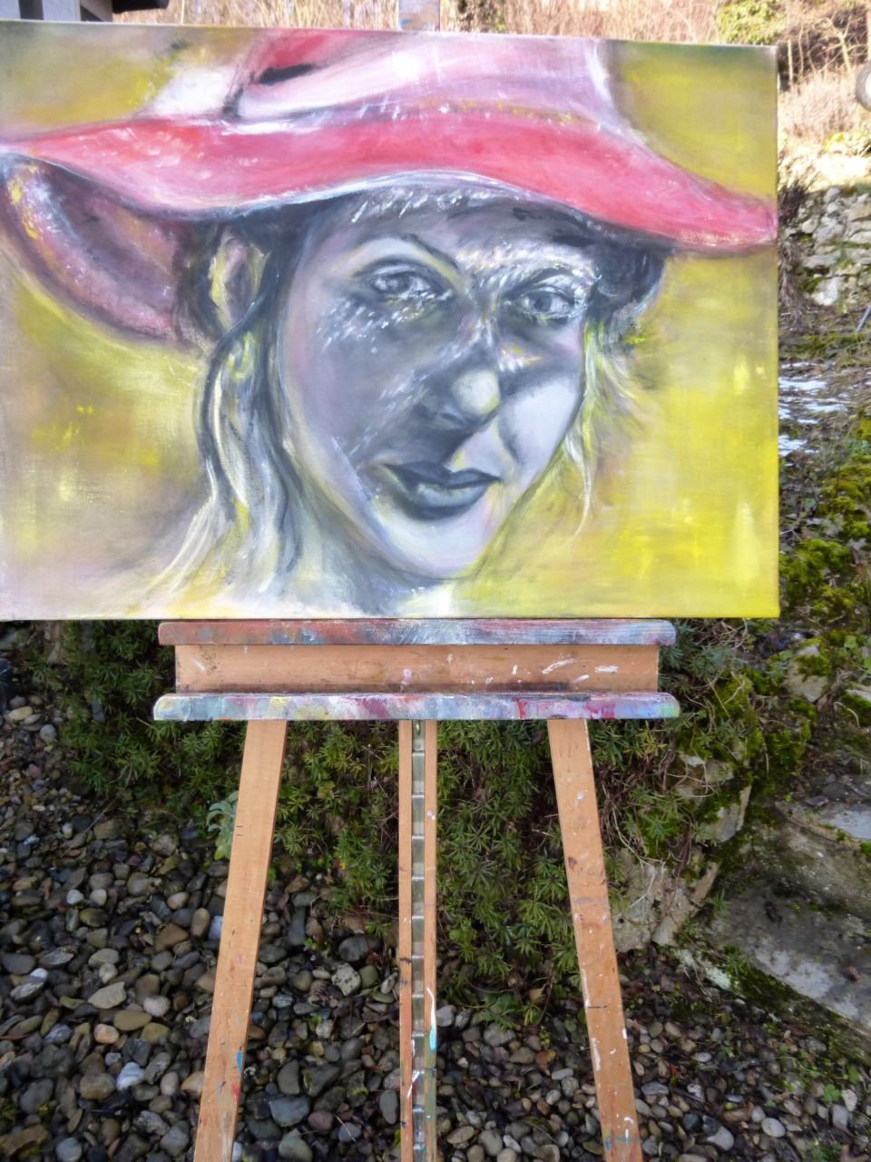 Selbstportrait Staffelei Sonnenhut gelb-pink acryl